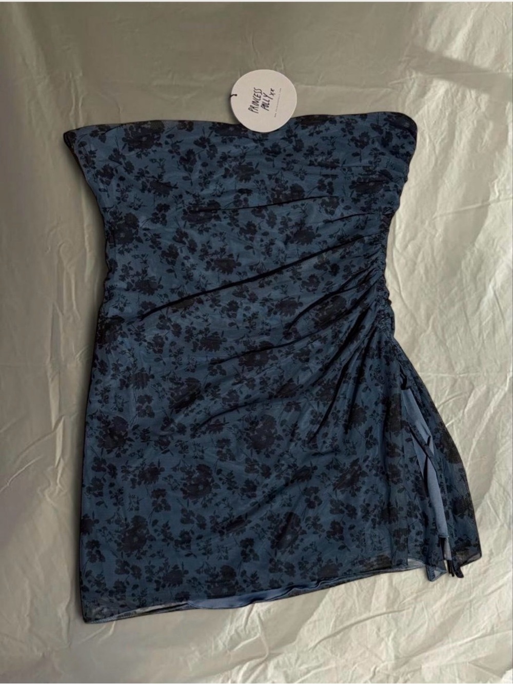 Strapless Blue Floral Ruched Mini Dress